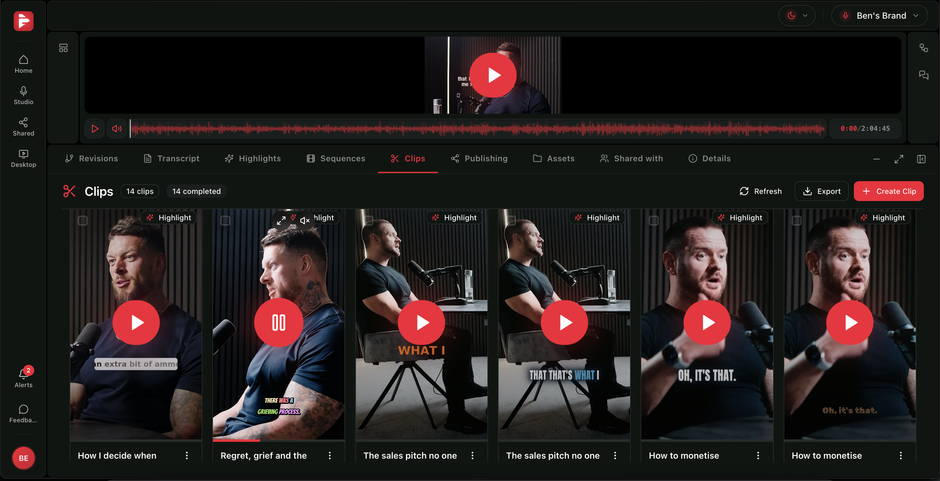 PodCut clips overview with captions