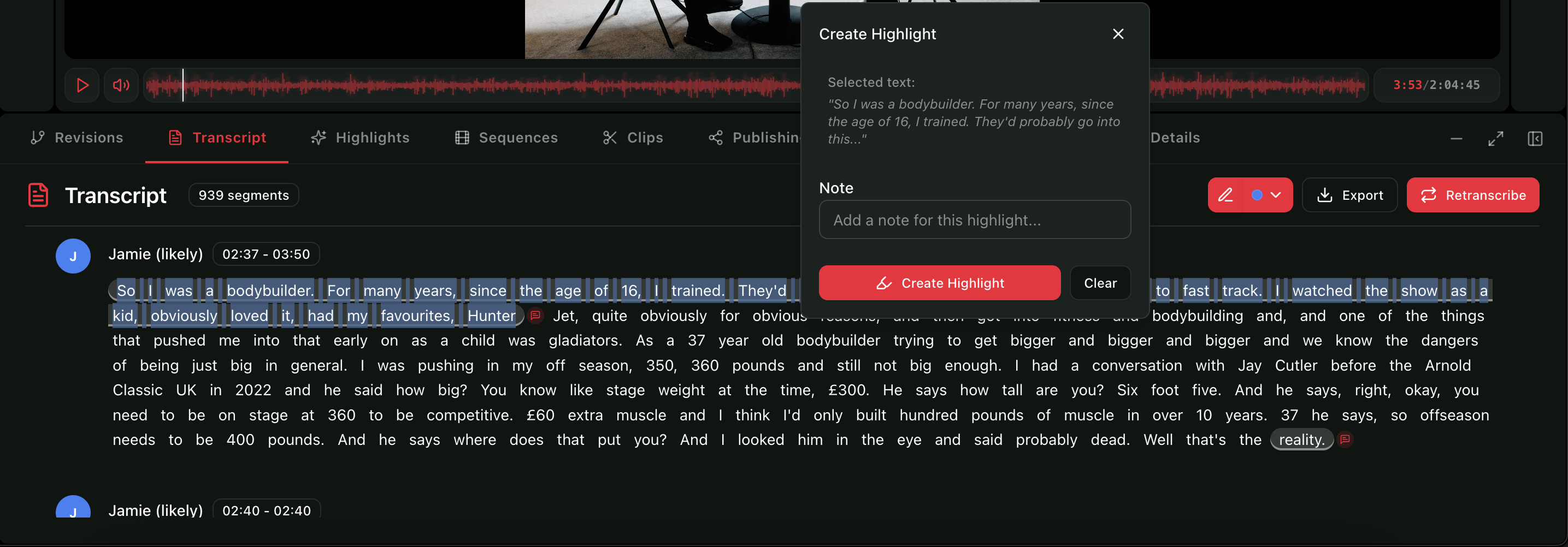 Highlight favourite sections in the transcript