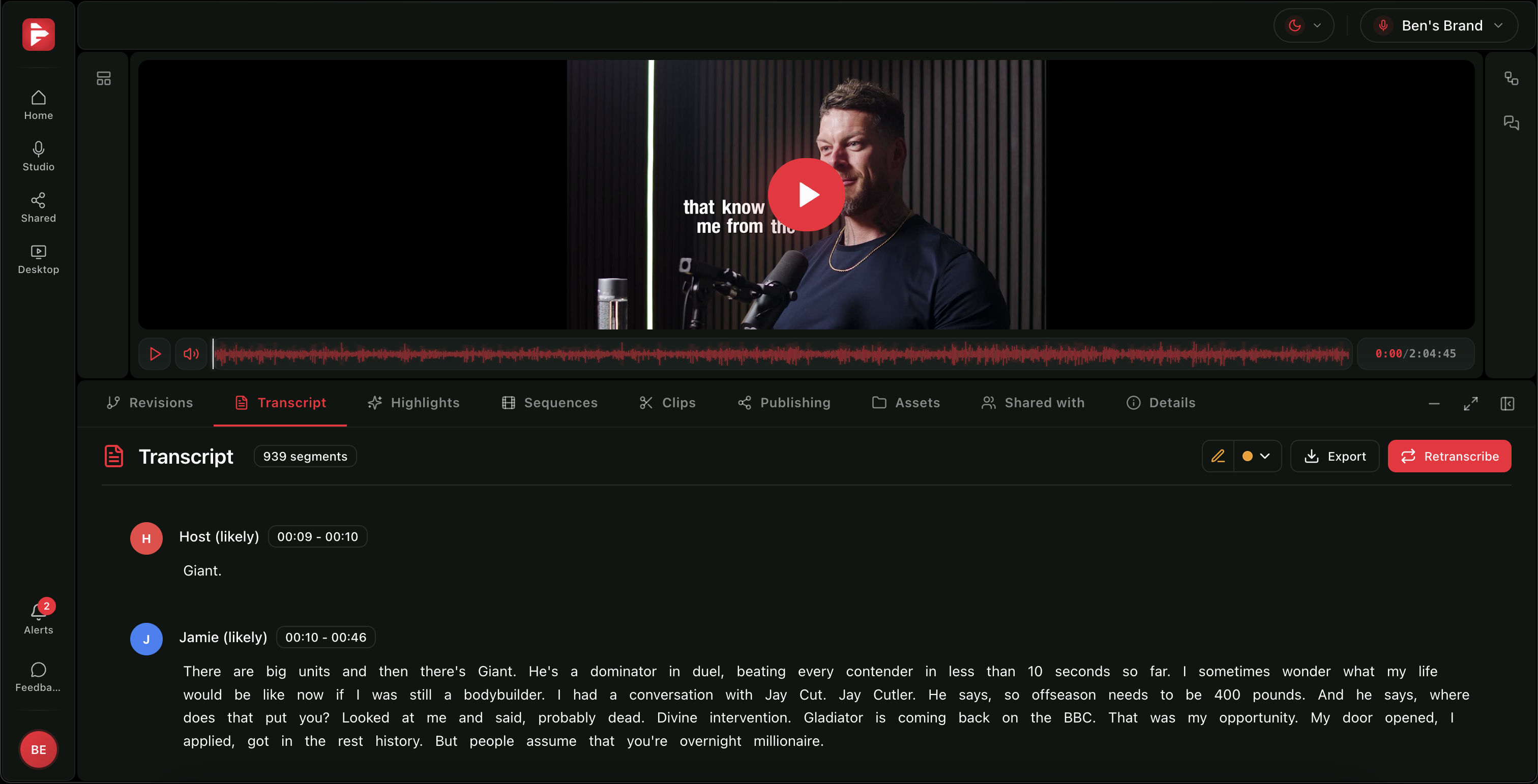 PodCut transcription view